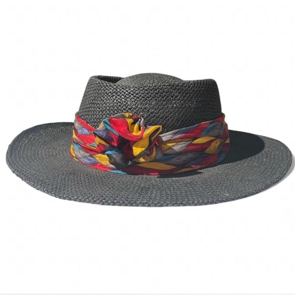 Vtg 90s STETSON Black Straw Fedora Hat Scarf Band Resort Eclectic Grandpa OS